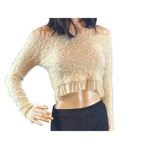 Zara Off the Shoulder Cropped Tulle Ruffle Trim Top in Pale Yellow Size Small
